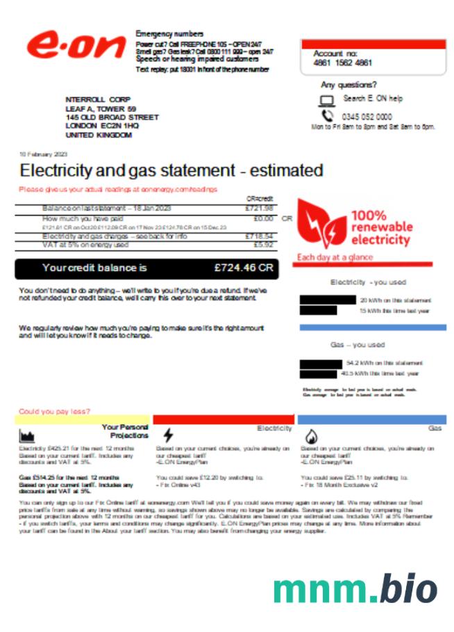 E. ON UK rachunek za usługi komunalne, 1